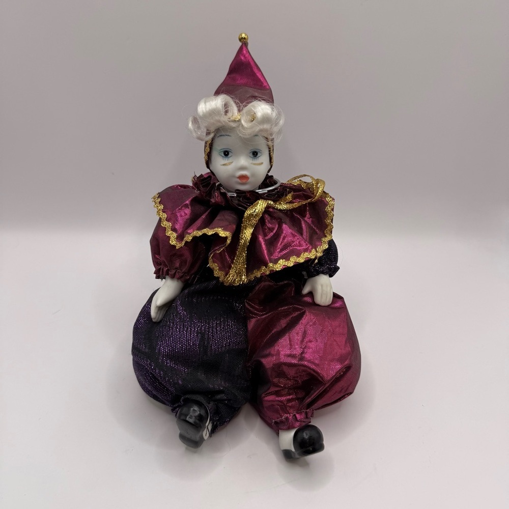 Porcelain Decorative Clown Doll Figurine Purple Pink 6” With Sitting Stand